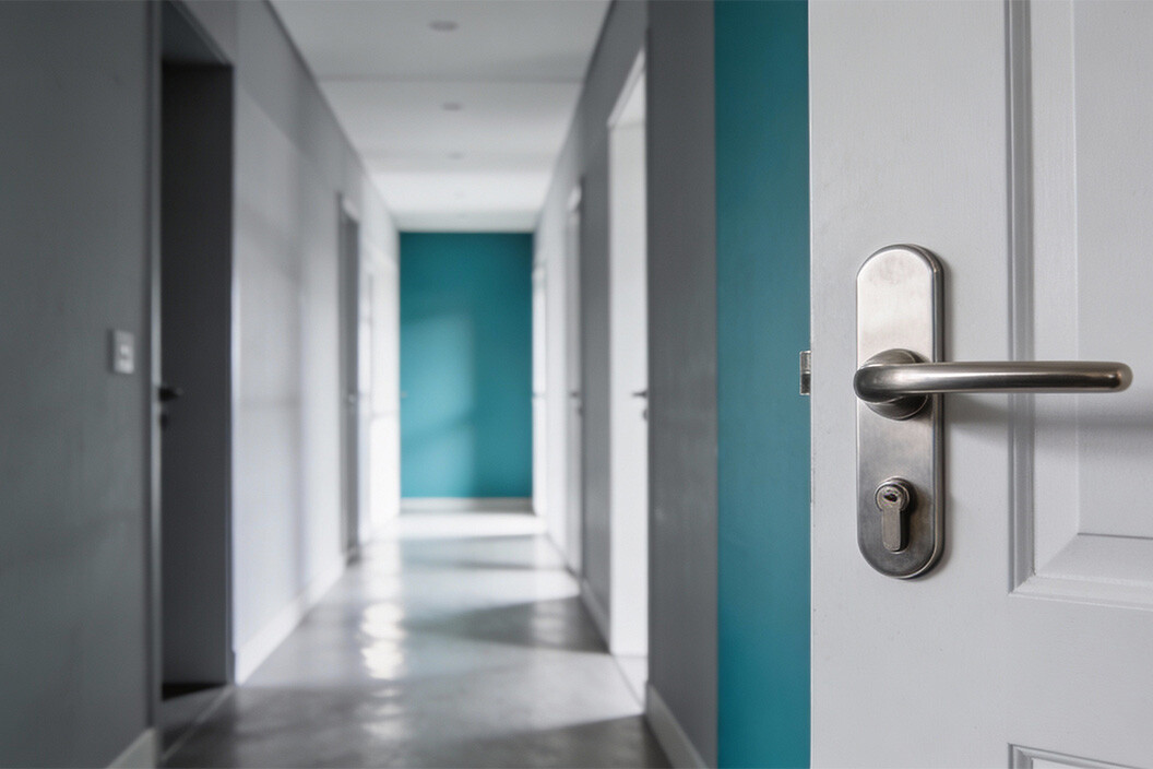 In der Bild sieht man eine geöffnete Tür und eine lange Flur die Wände sind Blau gestrichen