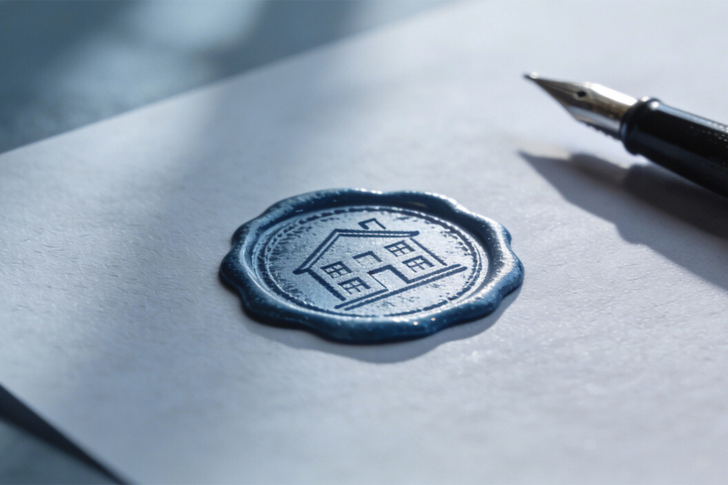 Eine Stempel auf eine Blatt Papier in Form eines Hauses