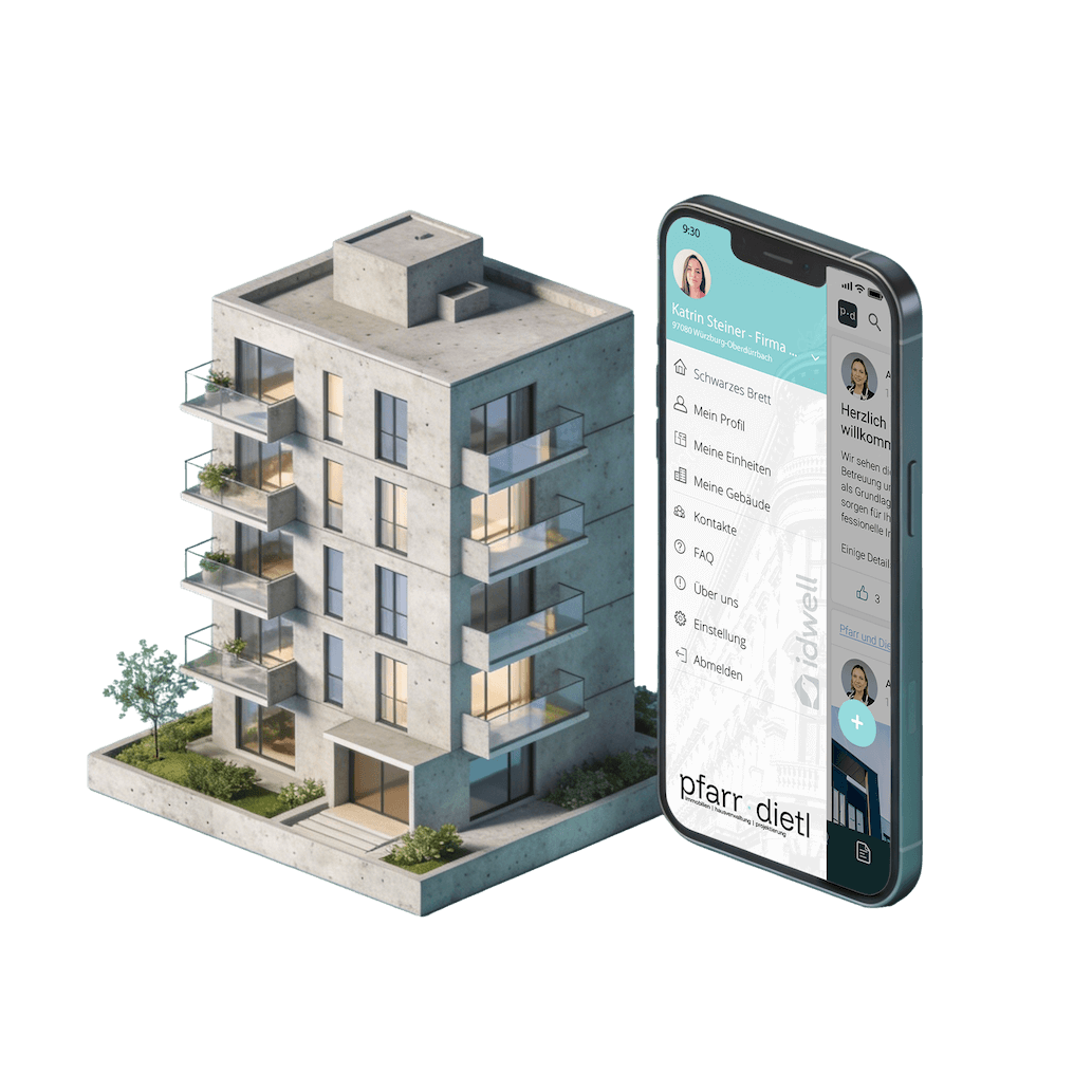3D-Visualisierung eines modernen Mehrfamilienhauses, und daneben eine handy mit den Pfarr und Dietl Immobilien App